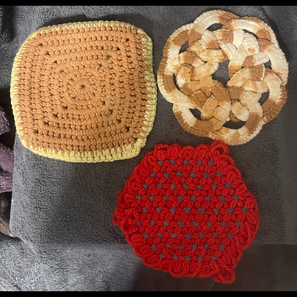 Vintage Handmade Crocheted Or Knit Trivets Set of 3.